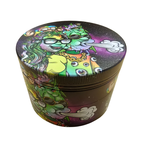 Large Herb Grinder - 4 Piece - Leaf Character Designs - Black