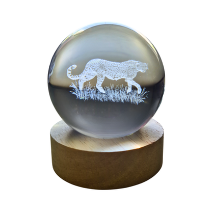 Small Crystal Ball Lamp with 3D Engraving and Luminous Base - Cheetah
