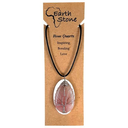 Earth Stone Collection - Wire Tree Of Life - Rose Quartz Stone Necklace