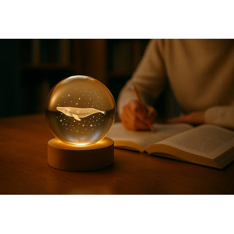 Small Crystal Ball Lamp with 3D Engraving and Luminous Base - Whale