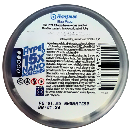 Hype Nicotine Pouches - 15 Nano Pouches 8mg - 2 Pack - Blue Razz