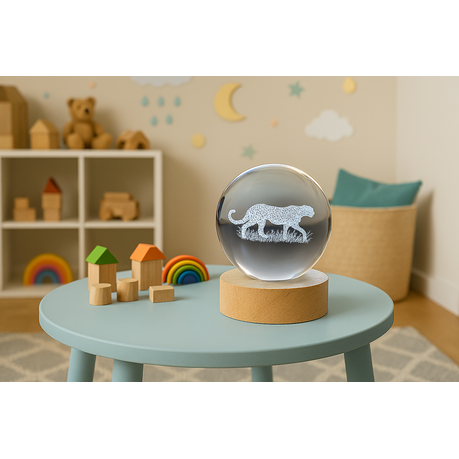 Small Crystal Ball Lamp with 3D Engraving and Luminous Base - Cheetah