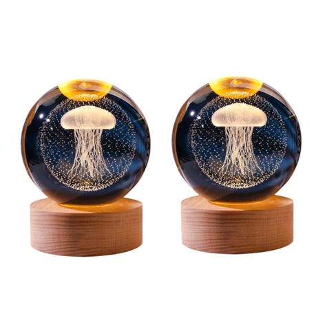 Crystal Ball Lamp with 3D Engraving and Luminous Base - 2 Pack - Jelly Fish