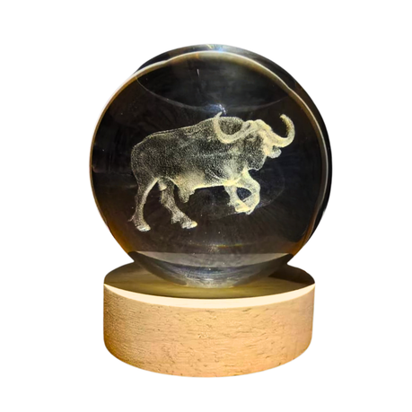 Small Crystal Ball Lamp with 3D Engraving and Luminous Base - Buffalo