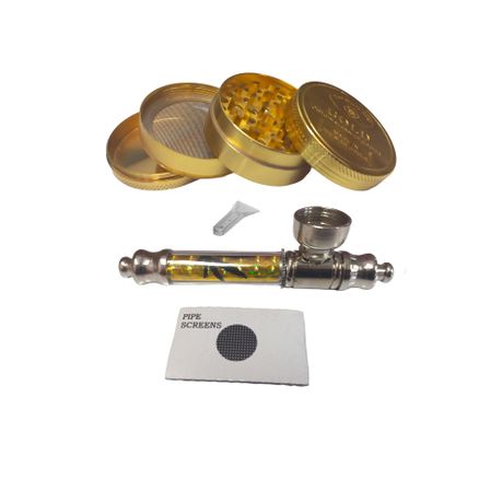 Rasta Pipe 10cm & 4 Piece Grinder Gold Bar - Red