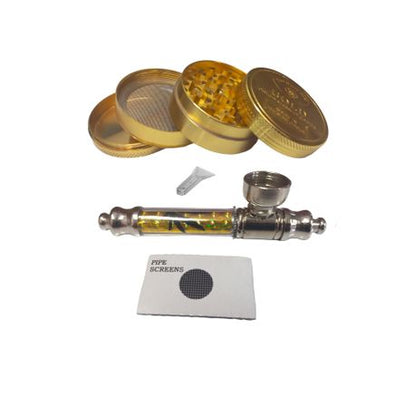 Rasta Pipe 10cm & 4 Piece Grinder Gold Bar - Red
