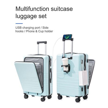 Multifunctional Smart Carry-On 20" Suitcase and Cosmetic Suitcase Set - Blue