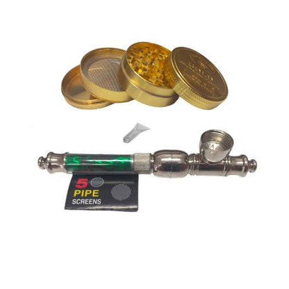 Rasta Pipe 13cm & 4 Piece Grinder Gold Bar - Yellow
