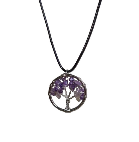 Earth Stone Collection - Round Amethyst Tree Of Life Stone Necklace