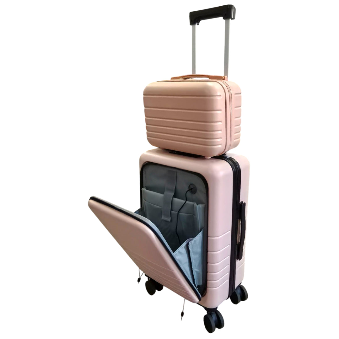 Multifunctional Smart Carry-On 20" Suitcase and Cosmetic Suitcase Set - Pink