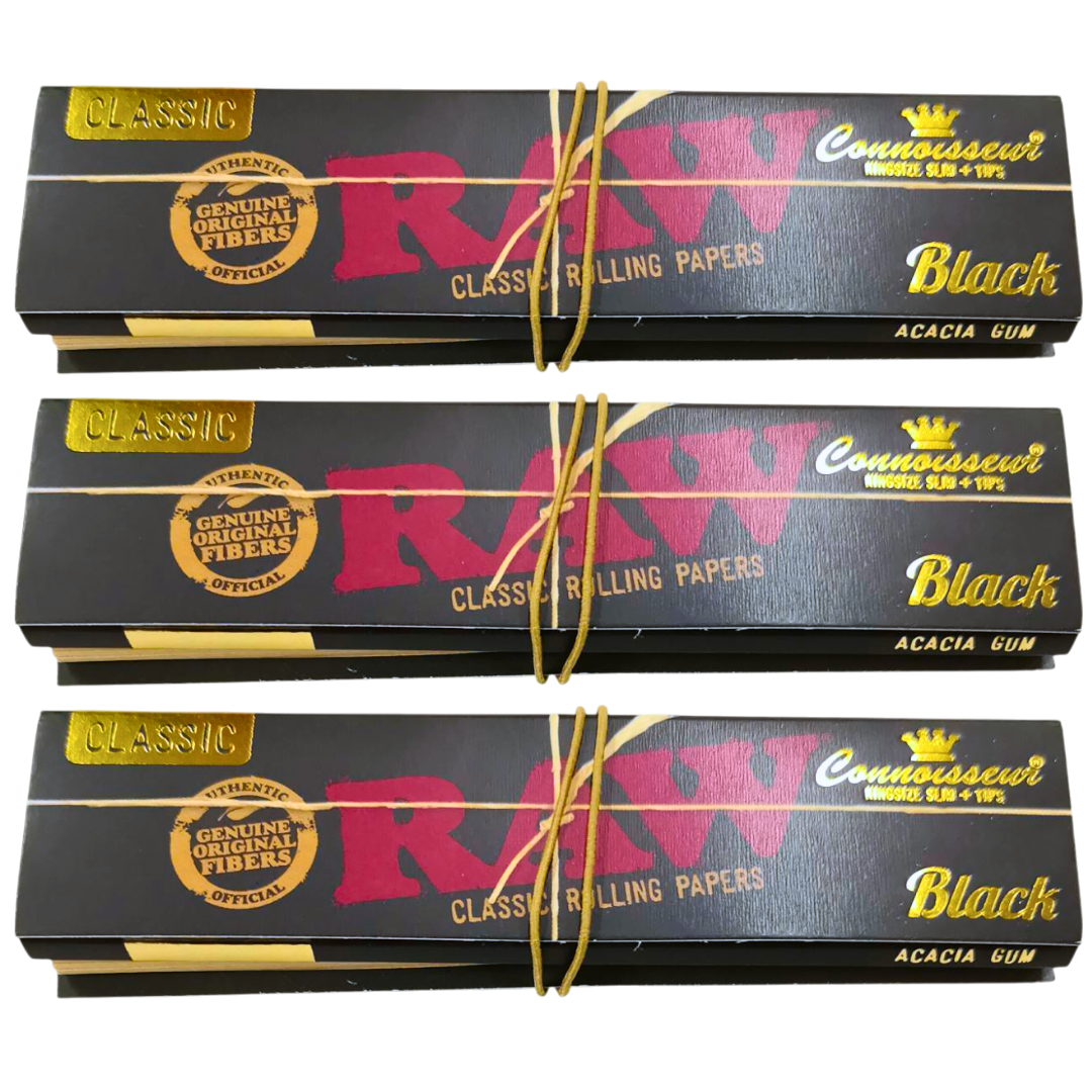 RAW Classic Black Connoisseur King Size Rolling Papers with Tips - 3 Pack