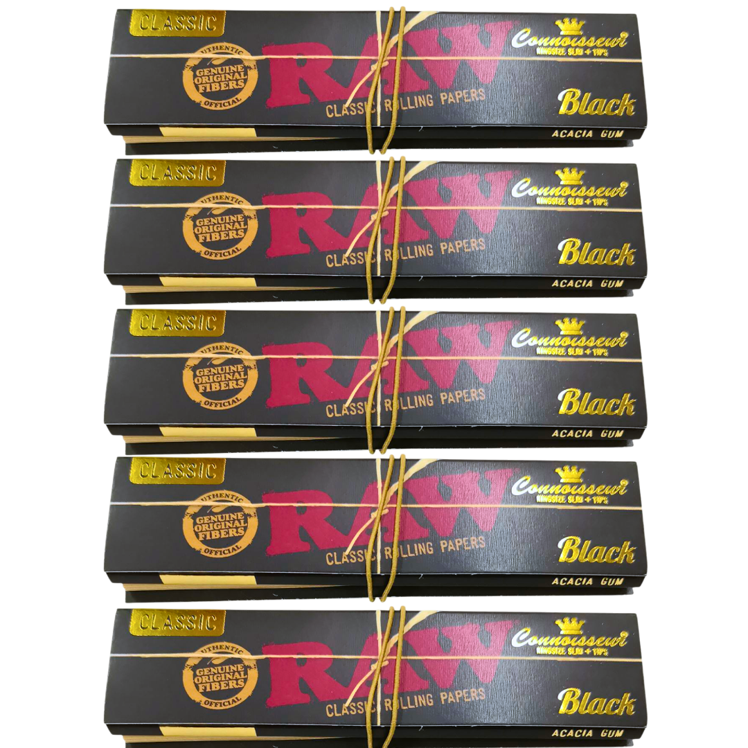 RAW Classic Black Connoisseur King Size Rolling Papers with Tips - 5 Pack