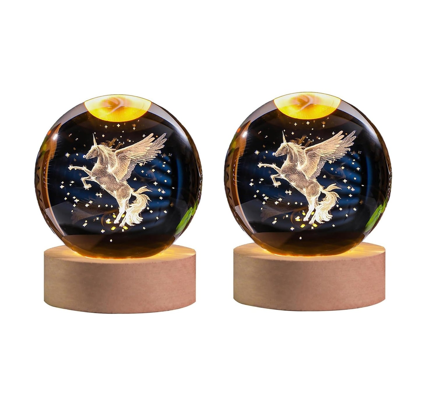 Crystal Ball Lamp with 3D Engraving and Luminous Base - 2 Pack - Unicorn