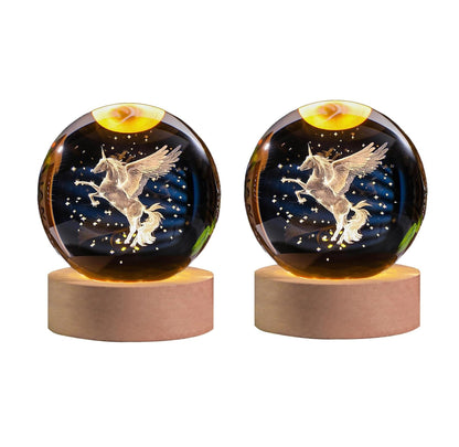 Crystal Ball Lamp with 3D Engraving and Luminous Base - 2 Pack - Unicorn