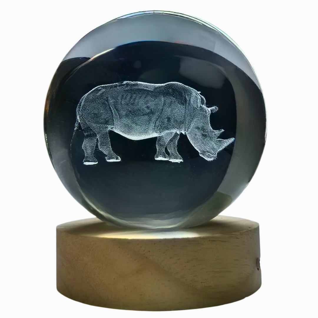 Crystal Ball Lamp with 3D Engraving and Luminous Base - Animals - Rhino
