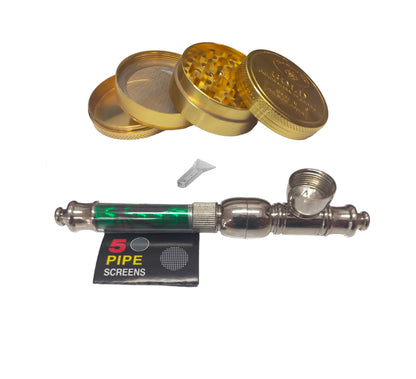 Rasta Pipe 13cm & 4 Piece Grinder Gold Bar - Green