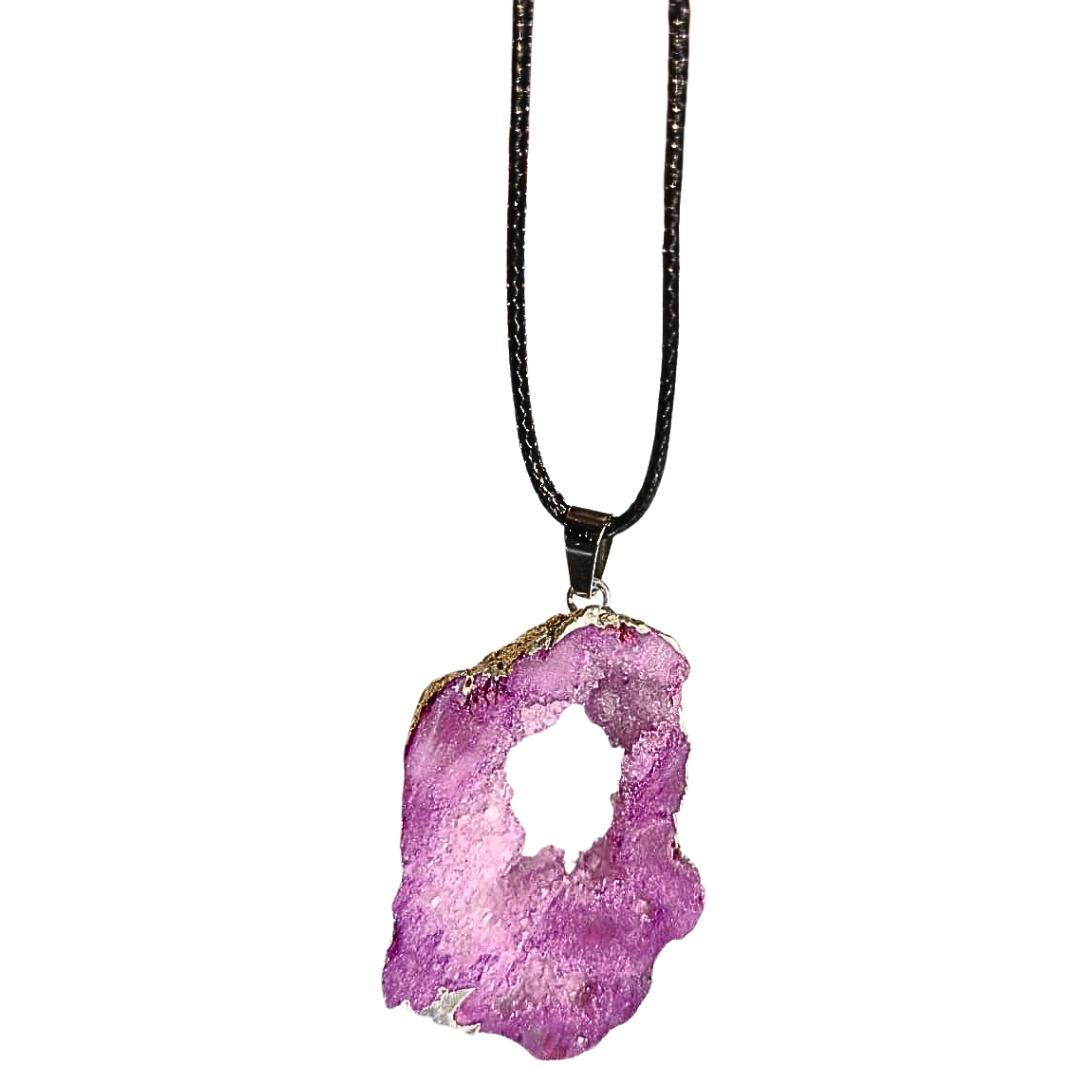 Earth Stone Collection - Silver Frame Geode Crystal Necklace - Purple