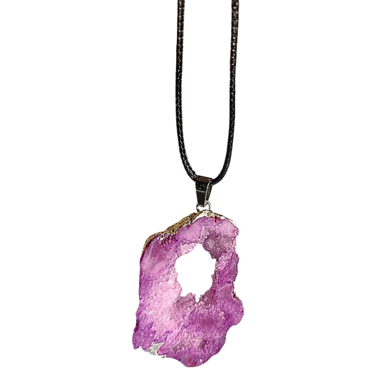 Earth Stone Collection - Silver Frame Geode Crystal Necklace - Purple