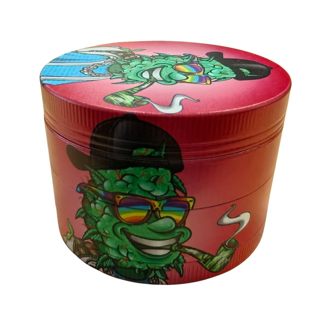 Large Herb Grinder - 4 Piece - Leaf Character Designs - Red