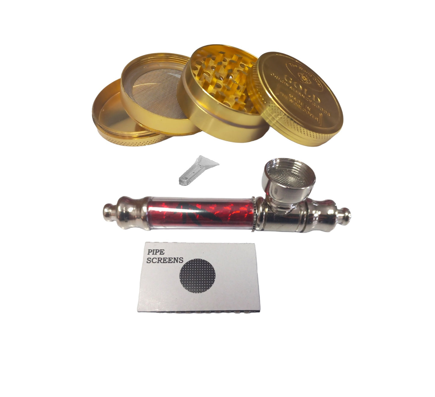 Rasta Pipe 10cm & 4 Piece Grinder Gold Bar - Red
