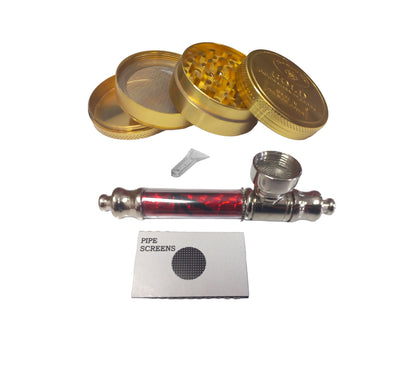 Rasta Pipe 10cm & 4 Piece Grinder Gold Bar - Red