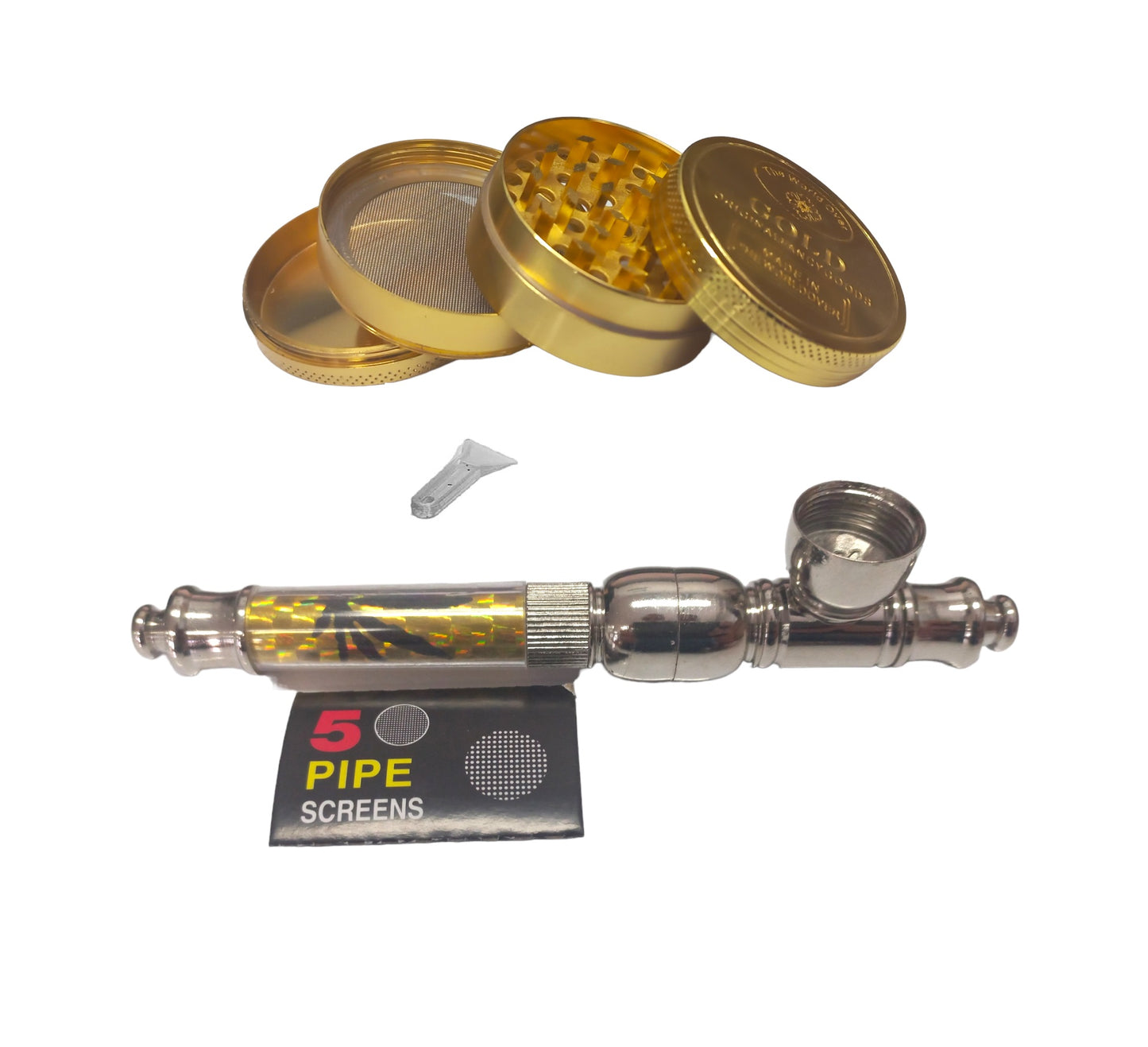 Rasta Pipe 13cm & 4 Piece Grinder Gold Bar - Yellow