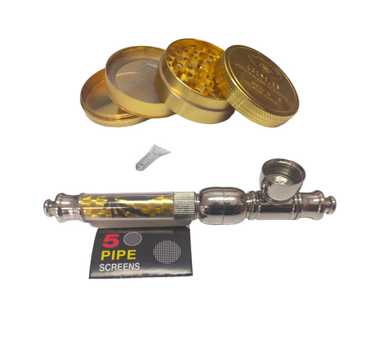 Rasta Pipe 13cm & 4 Piece Grinder Gold Bar - Yellow