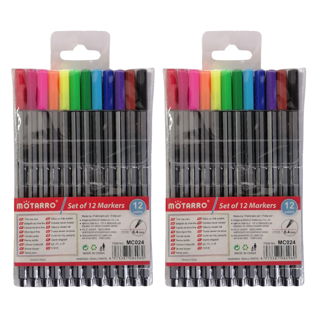 Motarro Fibre Tip Markers Set 12 Piece - 2 Pack