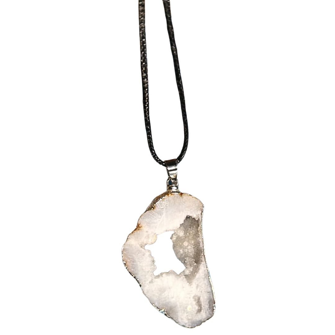 Earth Stone Collection - Silver Frame Geode Crystal Necklace - White