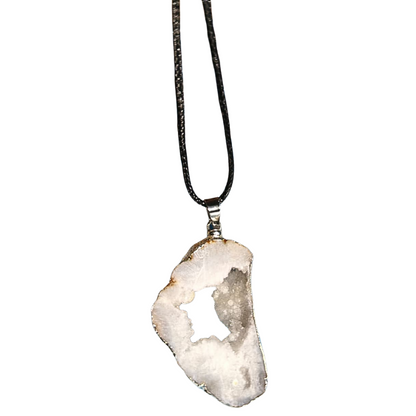 Earth Stone Collection - Silver Frame Geode Crystal Necklace - White