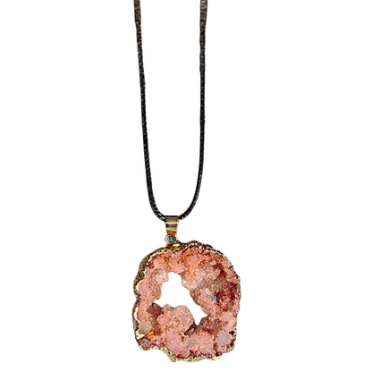 Earth Stone Collection - Gold Frame Geode Crystal Necklace - Pink