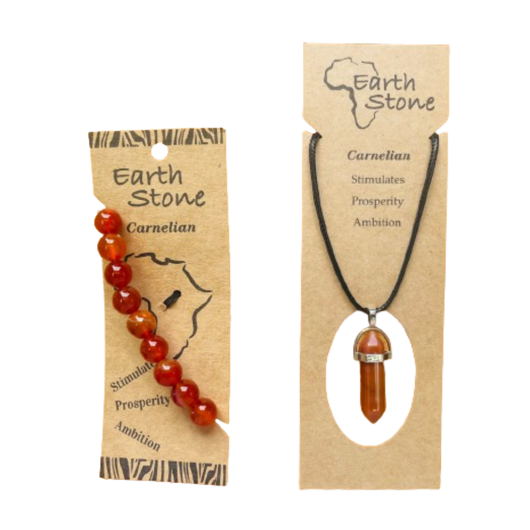 Earth Stone Collection - Carnelian Bracelet And Bullet Stone Necklace