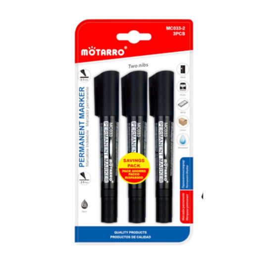 Motarro Permanent Marker Double Sided Black 6.5mm And 2.5mm - 3PCS