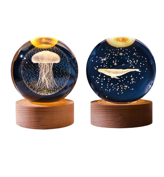 Crystal Ball Lamp with 3D Engraving and Luminous Base - 2 Pack - Jelly Fish & Whale