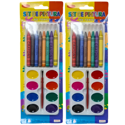 Kids Paint Art Set with 8 Watercolours Paint Brush and 8 Crayons - 2 Pack