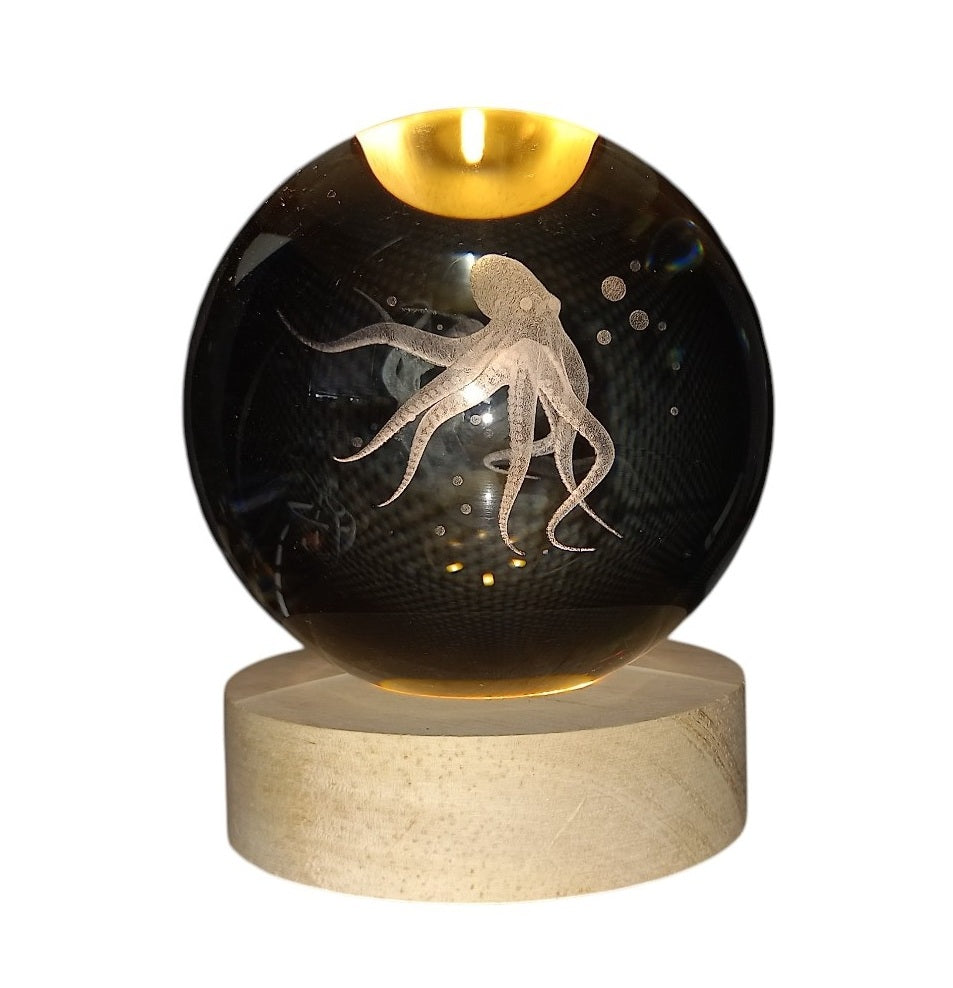 Crystal Ball Lamp with 3D Engraving and Luminous Base - Octopus