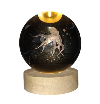 Crystal Ball Lamp with 3D Engraving and Luminous Base - Octopus