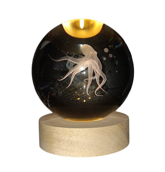 Crystal Ball Lamp with 3D Engraving and Luminous Base - Octopus