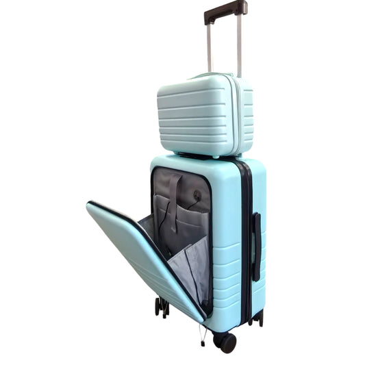 Multifunctional Smart Carry-On 20" Suitcase and Cosmetic Suitcase Set - Blue
