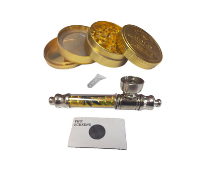 Rasta Pipe 10cm & 4 Piece Grinder Gold Bar - Yellow